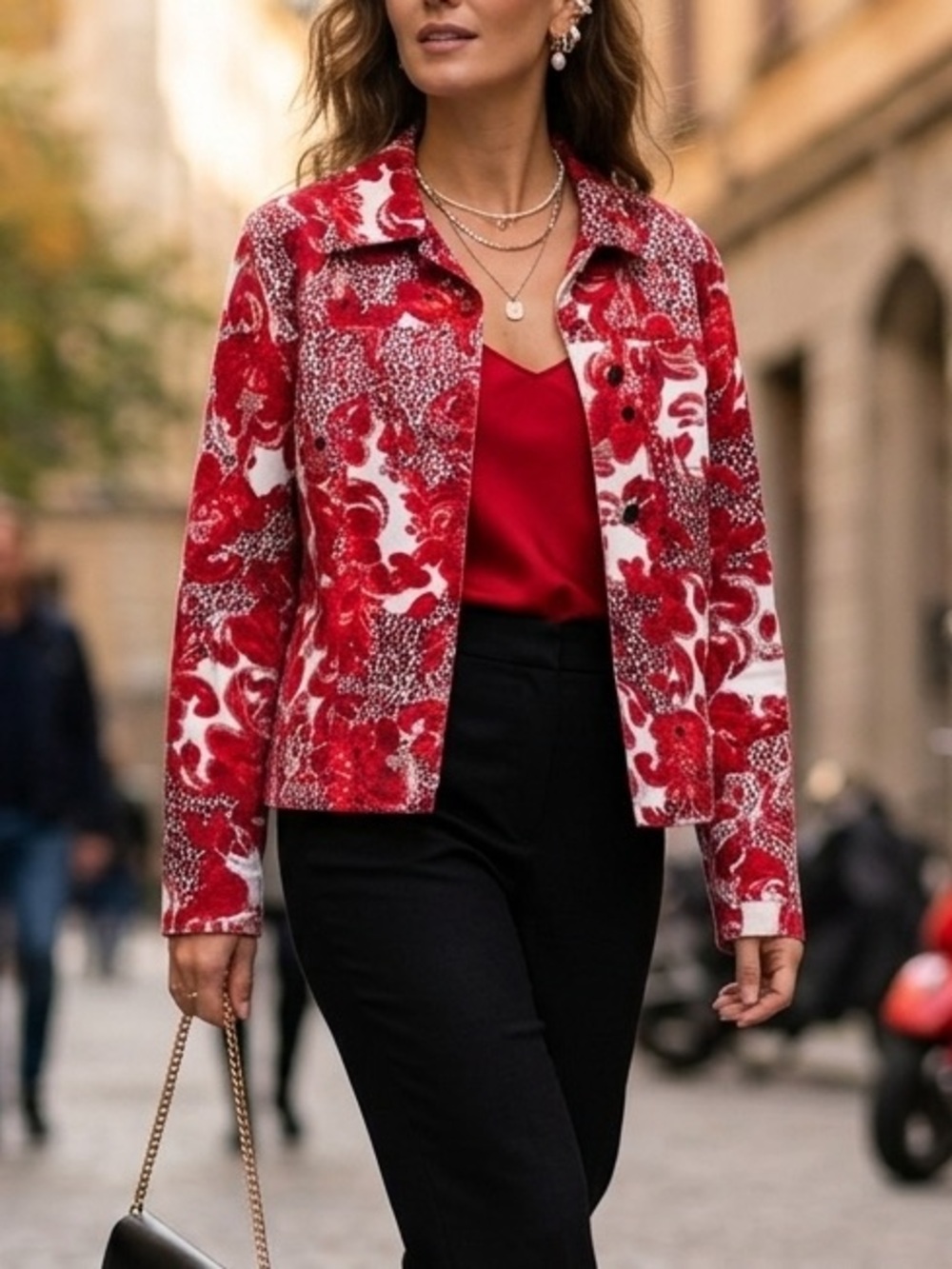 New Direction Vintage Red Floral Leopard Sequin Beaded Cotton Denim Jacket M